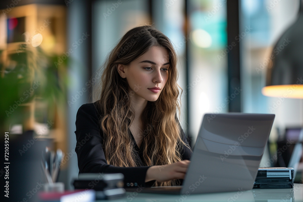 Focused Woman Working on Laptop in Office Focused Woman Working on Laptop in Office