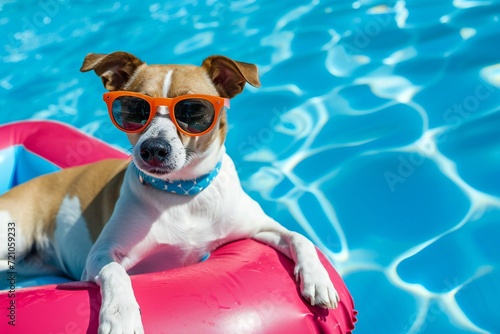 jack Russell dog in sunglasses chilling on an inflatable mattress in water by the sea or swimming pool in summer holiday vacation © Yulia