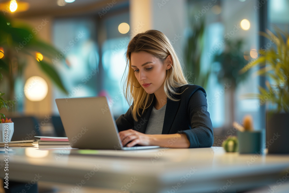 Focused Woman Working on Laptop in Office Focused Woman Working on Laptop in Office