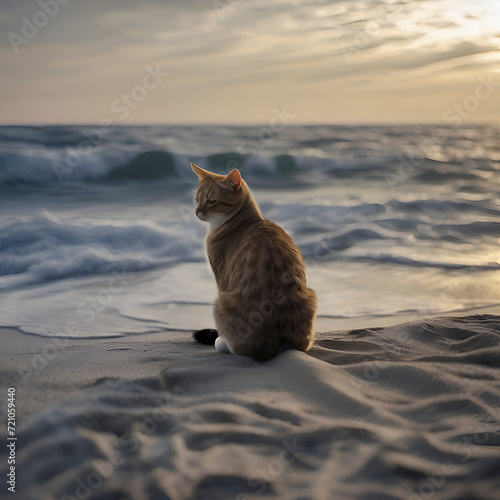 A cat is sitting on the beach watching the blue waves.  photo