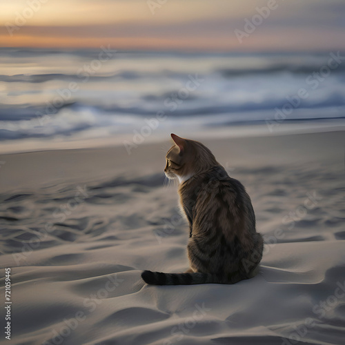 A cat is sitting on the beach watching the blue waves.  photo