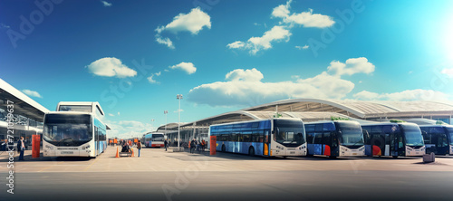 A row of buses parked in a parking lot.