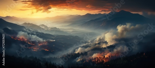 portrait of forest fire in the mountains at sunset