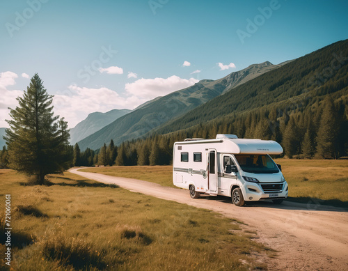 Vacation with Caravan car. Family travel RV, holiday trip in motorhome with beautiful nature landscape
