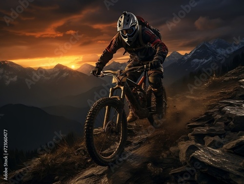 A man cycling at sunset on a mountain © Generative Ai