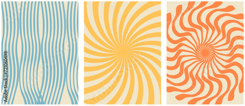 Groovy Hippie 70s backgrounds. Waves, swirl, twirl pattern. Twisted and distorted vector texture in trendy retro psychedelic style. Y2k aesthetic.