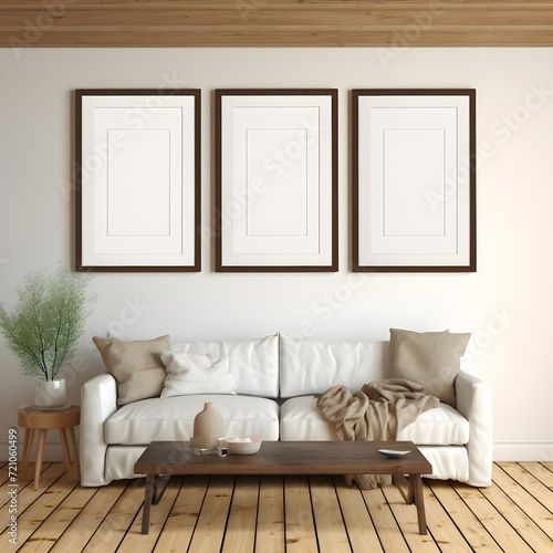 Wohnzimmer mit Couch und Bilderrahmen an der Wand Mockup / Wohnung Mockup / Innenraum Mockup Vorlage / Ai-Ki generiert