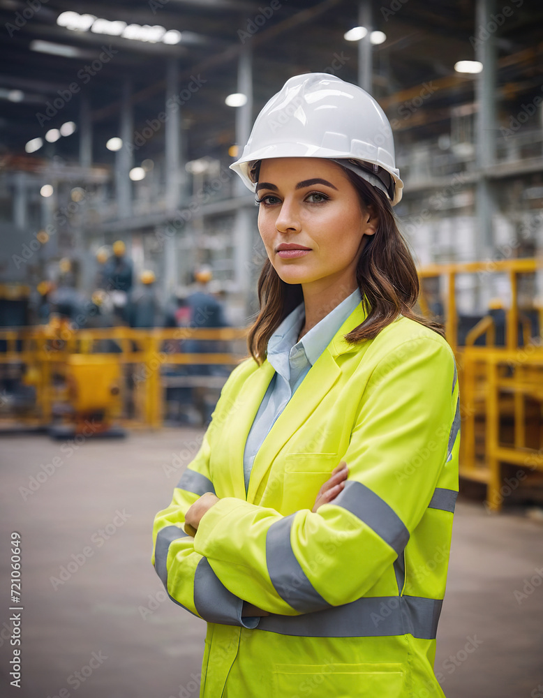 Portrait of Industry maintenance engineer woman wearing uniform and safety hard hat on factory station. Industry, Engineer, construction concept. Portrait of Industry maintenance engineer woman wearing uniform and safety hard hat on factory station. Industry, Engineer, construction concept.