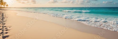Tropical beach background with sea waves, white sand and foam - summer holiday panoramic top view background. Travel and beach vacation, copy space for text. 