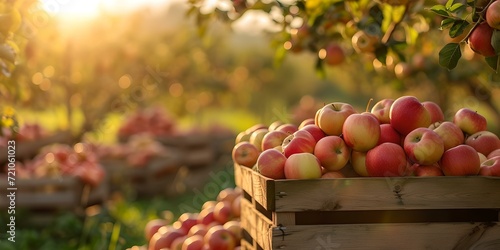 Sun-kissed apples in wooden crate at dusk  fresh harvest in orchard. rustic style  autumn harvest concept. AI