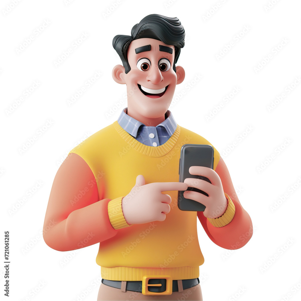 Man with a phone in his hands  in 3d style. Isolated on the white background