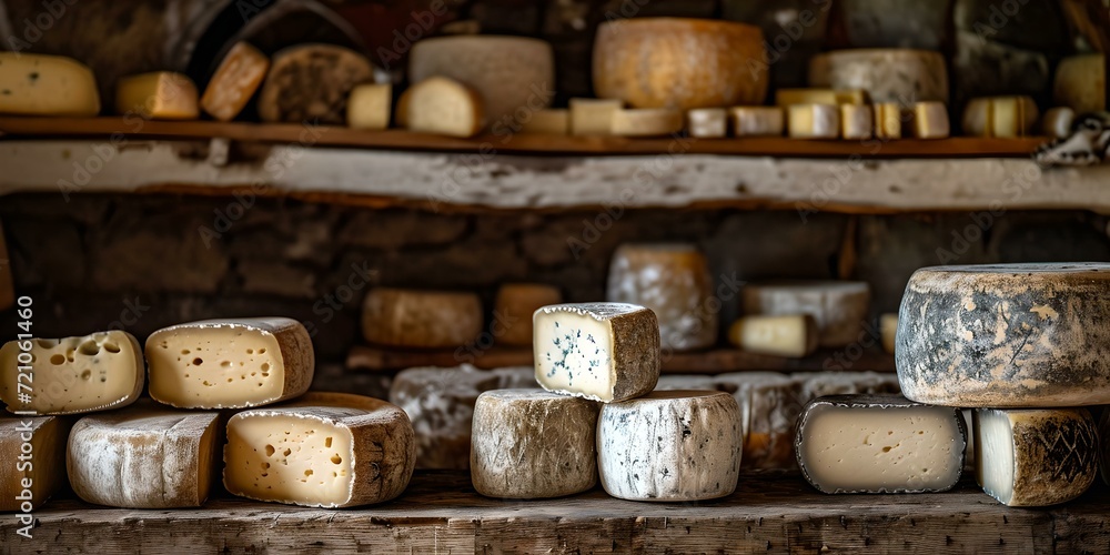Assorted artisan cheese wheels on rustic wooden shelves. ideal for gourmet food concepts. capture the essence of tradition. AI Assorted artisan cheese wheels on rustic wooden shelves. ideal for gourmet food concepts. capture the essence of tradition. AI