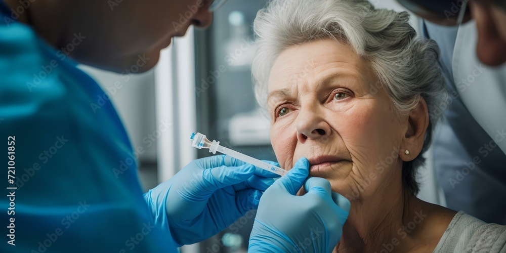 Elderly woman receiving a vaccine injection from a healthcare professional in a clinical setting. healthcare and immunization concept. AI Elderly woman receiving a vaccine injection from a healthcare professional in a clinical setting. healthcare and immunization concept. AI