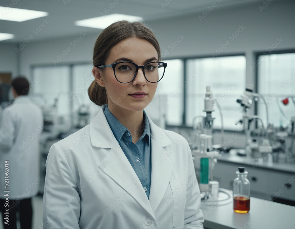 Beautiful young woman scientist wearing white coat and glasses in modern Medical Science Laboratory with Team of Specialists on background. Beautiful young woman scientist wearing white coat and glasses in modern Medical Science Laboratory with Team of Specialists on background.