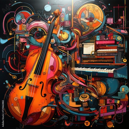 an abstract art illustrating the incorporation of musical instrument with creative usage of colors