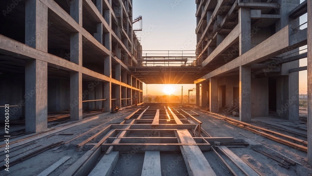 modern construction site made of concrete and steel in the evening sun