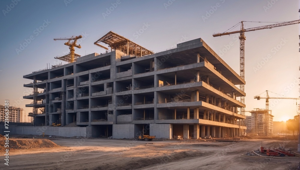 Obraz premium modern construction site made of concrete and steel in the evening sun