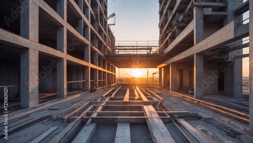 modern construction site made of concrete and steel in the evening sun