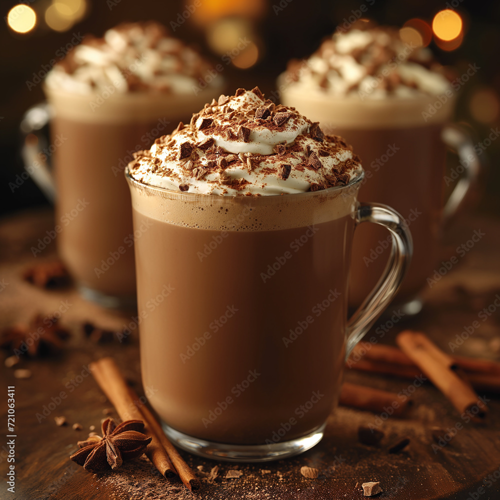 AI generated illustration of Hot chocolate served with cookies and a sprinkle of cinnamon on a plate AI generated illustration of Hot chocolate served with cookies and a sprinkle of cinnamon on a plate