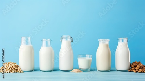 Vegetable types of vegetarian milk on a blue background, Alternative lactose-free milk substitute, vegan diet