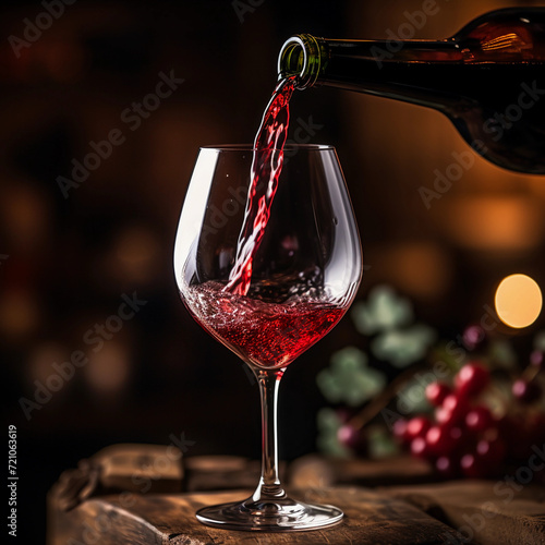 A dynamic image showing red wine being poured into a glass from a bottle. Assessing the quality of wine at a winery or drinking wine. Job ID: 8faae4e0-a4e5-4e04-ace1-3de2d3b43c20
