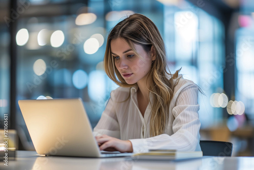 Focused Woman Working on Laptop in Office
