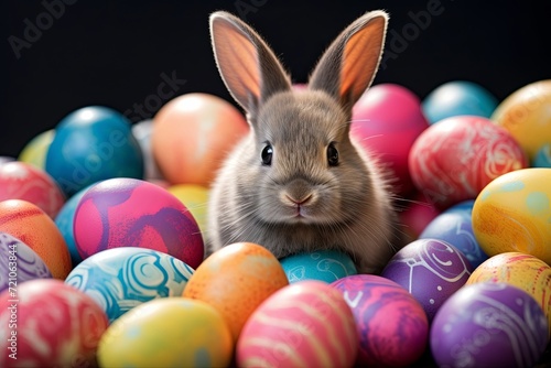 rabbit bunny and colorful easter eggs on dark background. Easter day. presentation. advertisement. copy text space. © CassiOpeiaZz