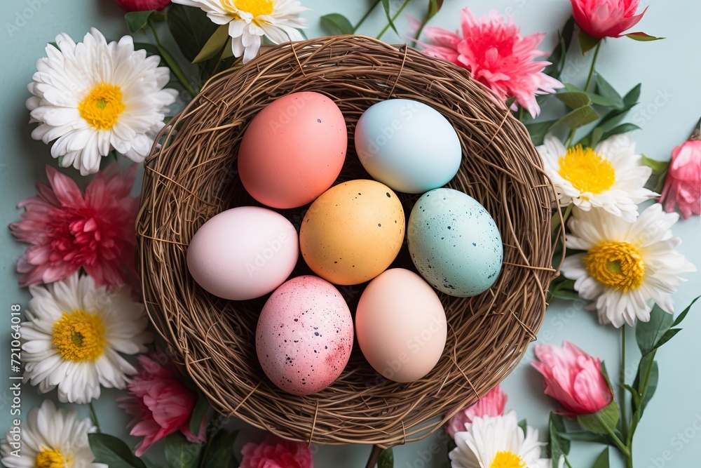 Easter eggs in basket on background. Easter day. presentation. advertisement. copy text space. Easter eggs in basket on background. Easter day. presentation. advertisement. copy text space.