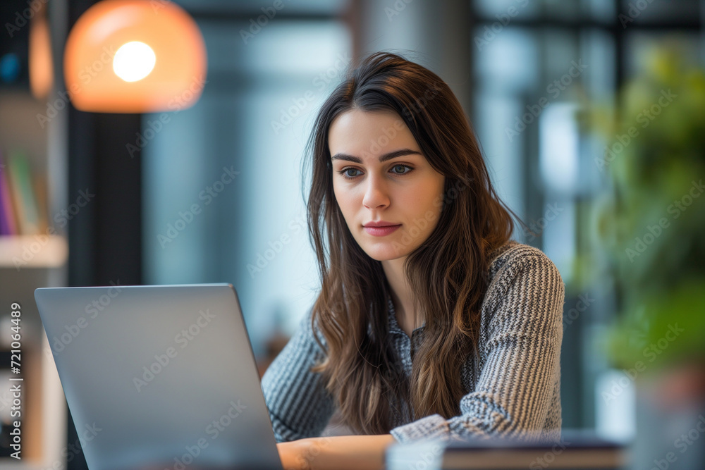 Focused Woman Working on Laptop in Office Focused Woman Working on Laptop in Office