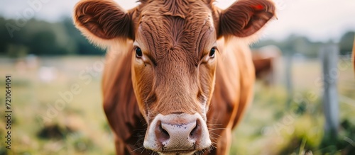 Close Up of a Majestic Brown Cow on a Farm: A Stunning Close-Up Shot Featuring a Brown Cow Grazing Peacefully on a Serene Farm