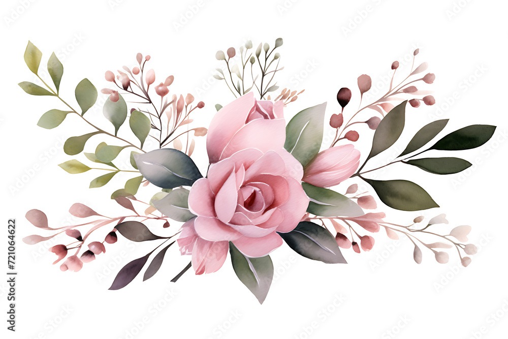 Watercolor Floral Illustration. Pink Flowers and Eucalyptus Greenery Bouquet Frame