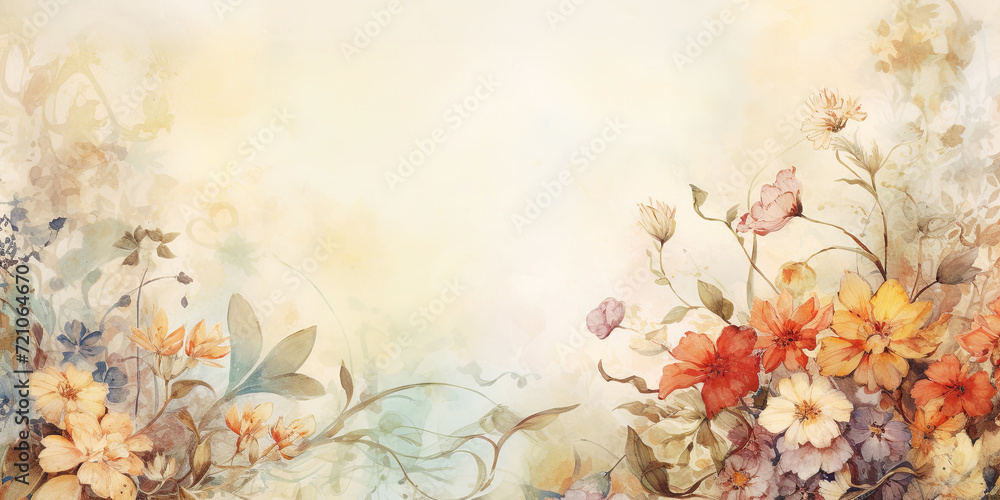 Light color background with some flowers and plants on the edges. Nature frame