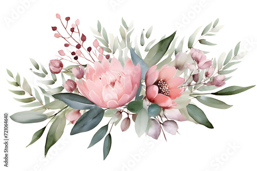 Watercolor Floral Illustration. Pink Flowers and Eucalyptus Greenery Bouquet Frame