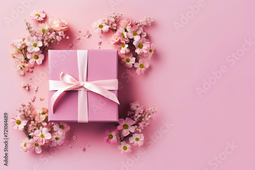 Pink ift box and fresh flowers on light background. Copy space. Congratulating card © bit24