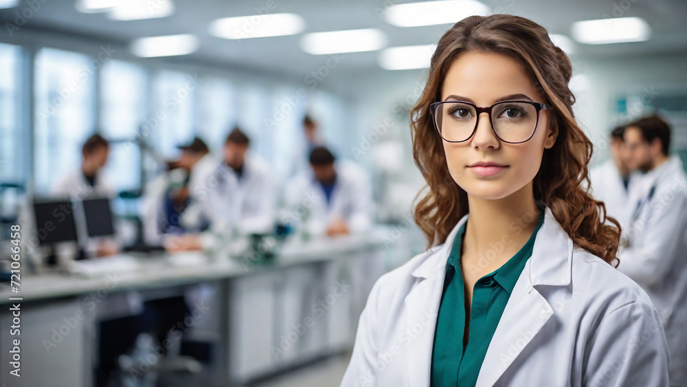 Female medical scientist/doctor with white lab dress in laboratory Female medical scientist/doctor with white lab dress in laboratory