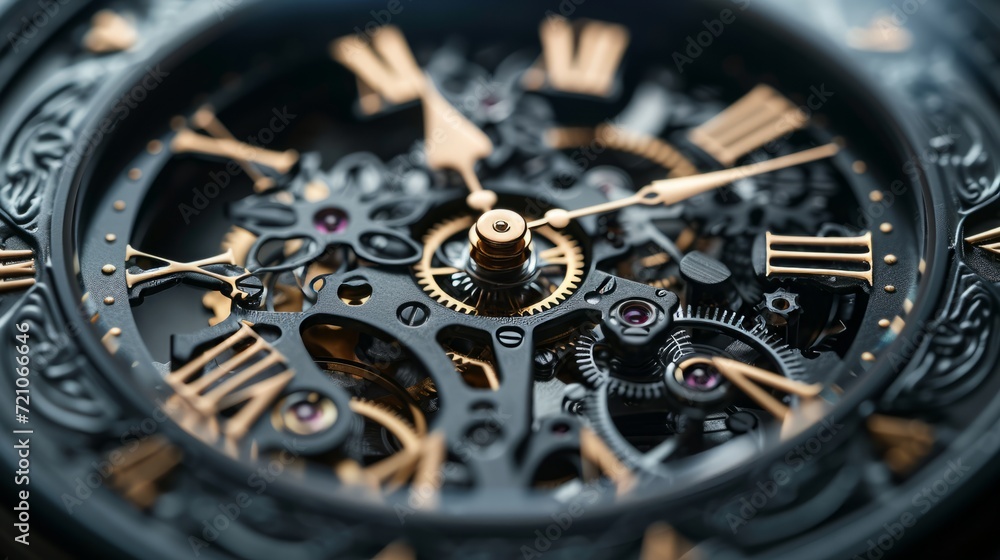 Intricate watch mechanism, close-up. Perfect for concepts on time, precision, technology, and craftsmanship.