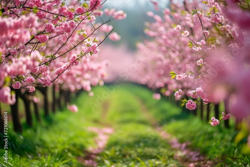 Two rows of pink blooming trees in the garden. The concept for the development of horticultural farms, small businesses, growing non-GMO products.
 photo
