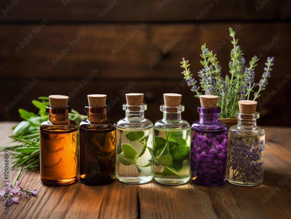 An assortment of essential oil bottles with fresh plants from which they're derived, like lavender, peppermint, and rosemary, arranged on a wooden surface. An assortment of essential oil bottles with fresh plants from which they're derived, like lavender, peppermint, and rosemary, arranged on a wooden surface.
