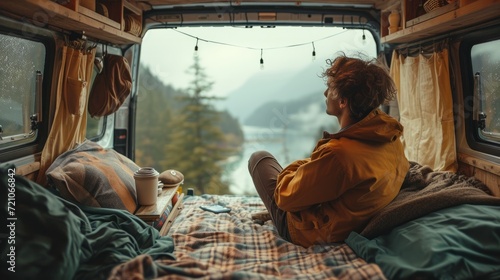 Cozy van life concept with person admiring lake view, perfect for travel or adventure themes.