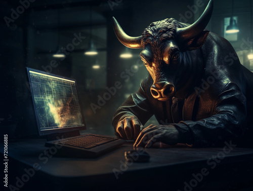 Angry Bull trading with computer, Bullist in Stock market and Crypto currency. 