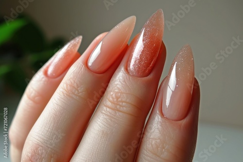 Delicate peach manicure on the arm