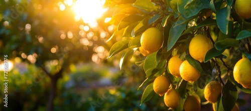 Lemons on a tree in the sun. Concept of organic healthy food and non-GMO citrus fruits. Banner Еmpty space for text.   