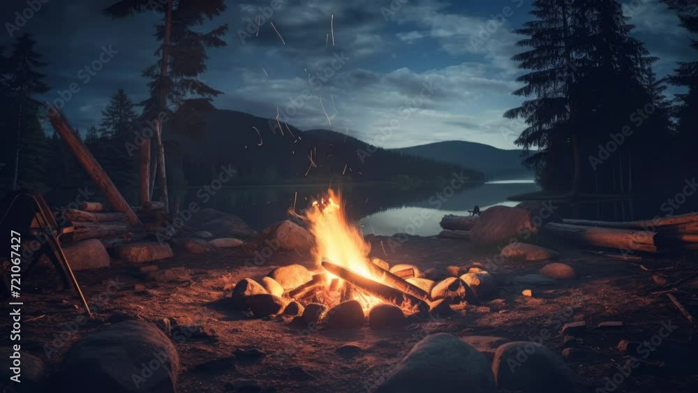 Mountain Melodies: Campfire Glow by the Lakeside Under the Night Sky Mountain Melodies: Campfire Glow by the Lakeside Under the Night Sky