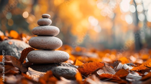 Tranquil Autumn Leaves Balanced on Stones in a Zen Stack for Relaxation and Harmony in Nature, Lifestyle, Spa