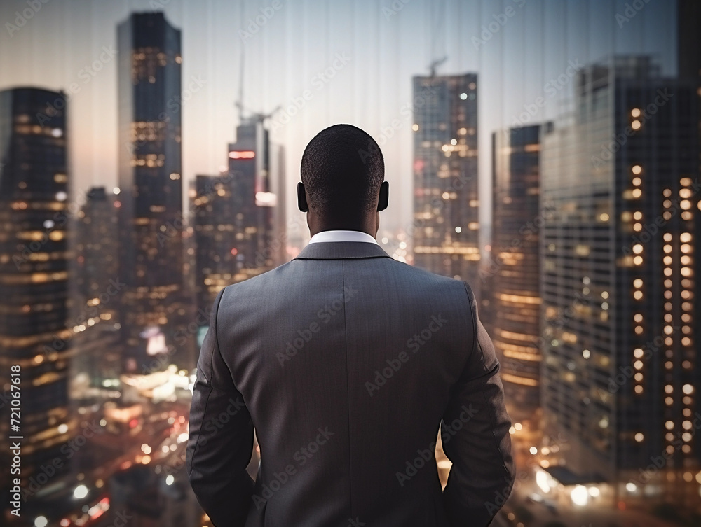 Back view of an African-American businessman in a formal suit against the backdrop of skyscrapers in the business district of the city. Success and prosperity. Hard work in finance. Back view of an African-American businessman in a formal suit against the backdrop of skyscrapers in the business district of the city. Success and prosperity. Hard work in finance.