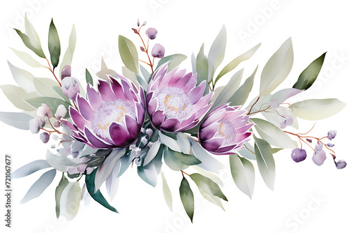 Watercolor Floral Illustration: Purple Flowers and Eucalyptus Greenery Bouquet Frame #721067677