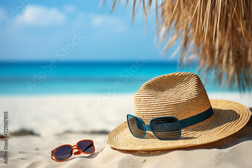 hat with a exotic cocktail and sunglasses on sand beach