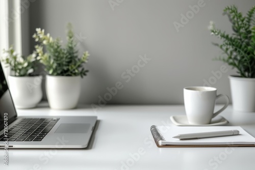 Modern workspace with laptop, coffee cup, and plants. Minimalist home office desk setup for productivity. © Tirawat