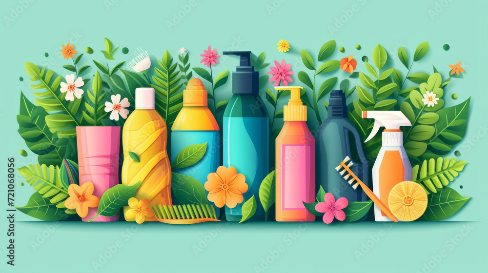 Spring Cleaning concept background with an illustration of colorful detergent bottles and brushes surrounded by green spring season leaves - obrazy, fototapety, plakaty 