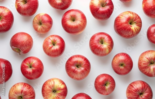 Many red apples on white background, top view. Autumn pattern with fresh healthy food